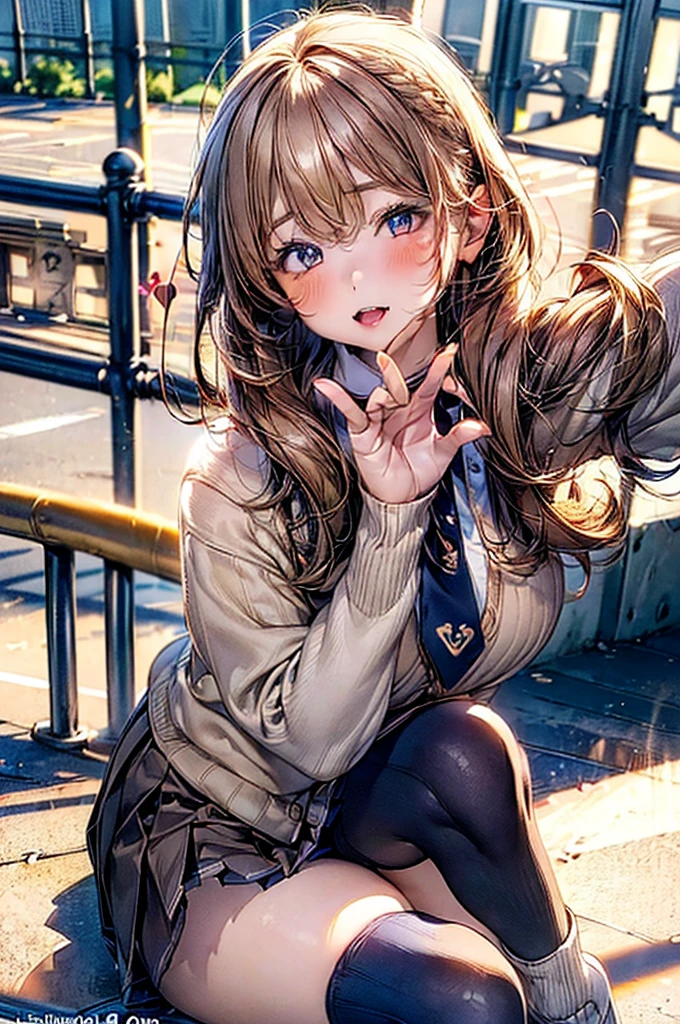 Browsing Caution,(((Waving and looking at me,Sitting on the guardrail))),(Highest quality, 8k, masterpiece:1.3,beautiful girl), (Very detailed)Glowing Skin,(((Long Hair,blonde,Beautiful Hair))),(Perfect Anatomy, Anatomically correct, Very detailed肌),((Golden Eyes)),((Perfect Fingers,Five Fingers)),((Light blue collared shirt, Navy pleated mini skirt, socks, Navy tie, Light brown cardigan, White knee socks)),Pink Panties, Knee-high socks,Knee-high socks on both feet,Double teeth,(((Heart symbol on eye))),Big Breasts,Big Ass,In front of the station,noon,