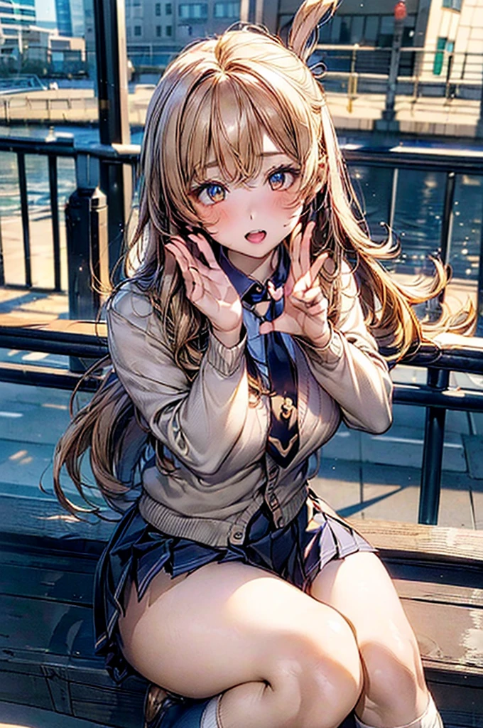 Browsing Caution,(((Waving and looking at me,Sitting on the guardrail))),​(Highest quality, 8k, masterpiece:1.3,beautiful girl), (Very detailed)Glowing Skin,(((Long Hair,blonde,Beautiful Hair))),(Perfect Anatomy, Anatomically correct, Very detailed肌),((Golden Eyes)),((Perfect Fingers,Five Fingers)),((Light blue collared shirt, Navy pleated mini skirt, socks, Navy tie, Light brown cardigan, White knee socks)),Pink Panties,  Knee-high socks,Knee-high socks on both feet,Double teeth,(((Heart symbol on eye))),Big Breasts,Big Ass,In front of the station,noon,