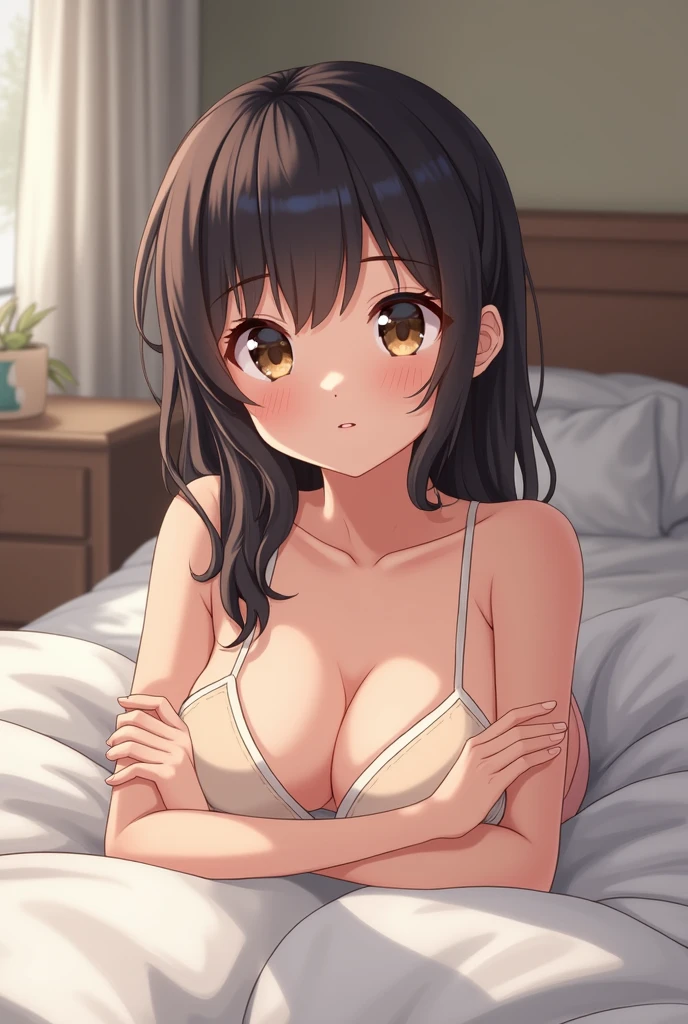 First time having sex with my cute middle school girlfriend. She has small breasts, 150cm. Inserting on the bed.