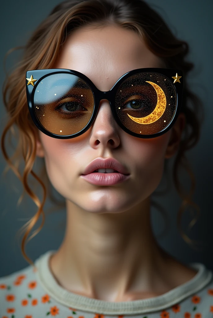 The model is wearing glass sunglasses with stars and the moon on the glass