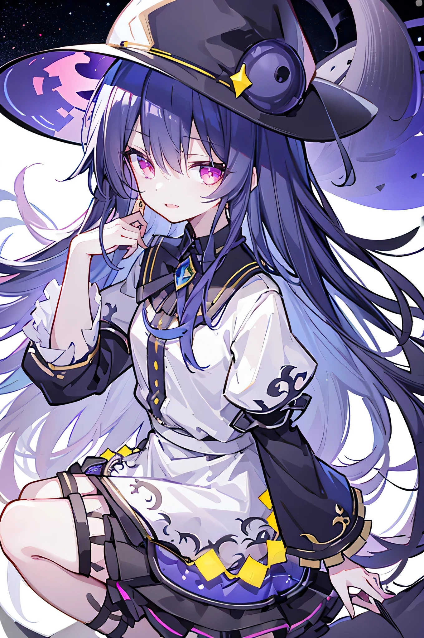 oung Girls,Humanity,A magician always smiles,big witch hat,cute,dark blue long hair,The eyes are dull,The bangs are heavy,Thin eyebrows,fantasy,intake,Double teeth,Star Theme,Constellation pattern,Solid color clothetal decoration,cloak,A bit of a dark atmosphere,A little crazy smile,When the big moon shines outside at night,blood,Hair black star embellishment,Short tie,No nails,High waist skirt,Bell sleeves,Long-sleeved shirt,Black tie,low risk,gentlemen。Mist、Yellow and white effect，Shocking pink as an accent color