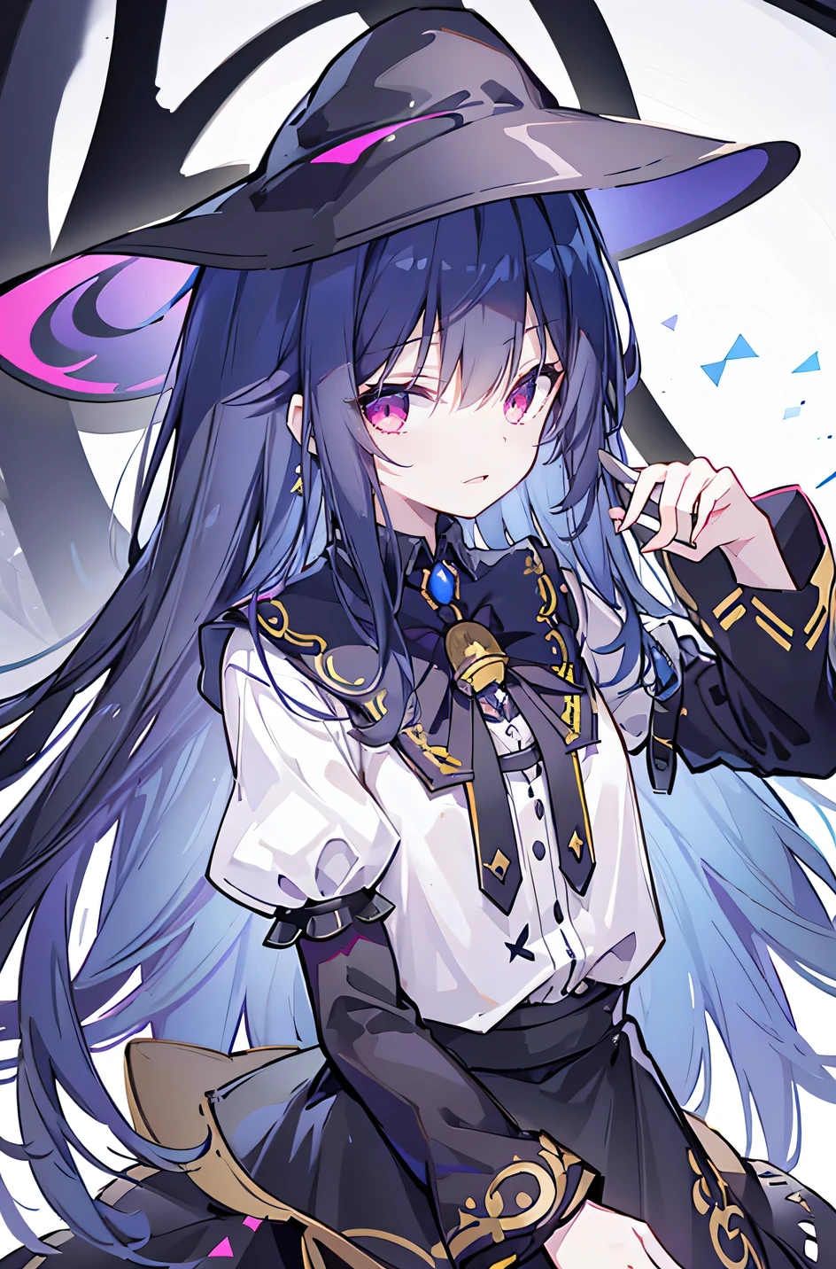 oung Girls,Humanity,A magician always smiles,big witch hat,cute,dark blue long hair,The eyes are dull,The bangs are heavy,Thin eyebrows,fantasy,intake,Double teeth,Star Theme,Constellation pattern,Solid color clothetal decoration,cloak,A bit of a dark atmosphere,A little crazy smile,When the big moon shines outside at night,blood,Hair black star embellishment,Short tie,No nails,High waist skirt,Bell sleeves,Long-sleeved shirt,Black tie,low risk,gentlemen。Mist、Yellow and white effect,Shocking pink as an accent color