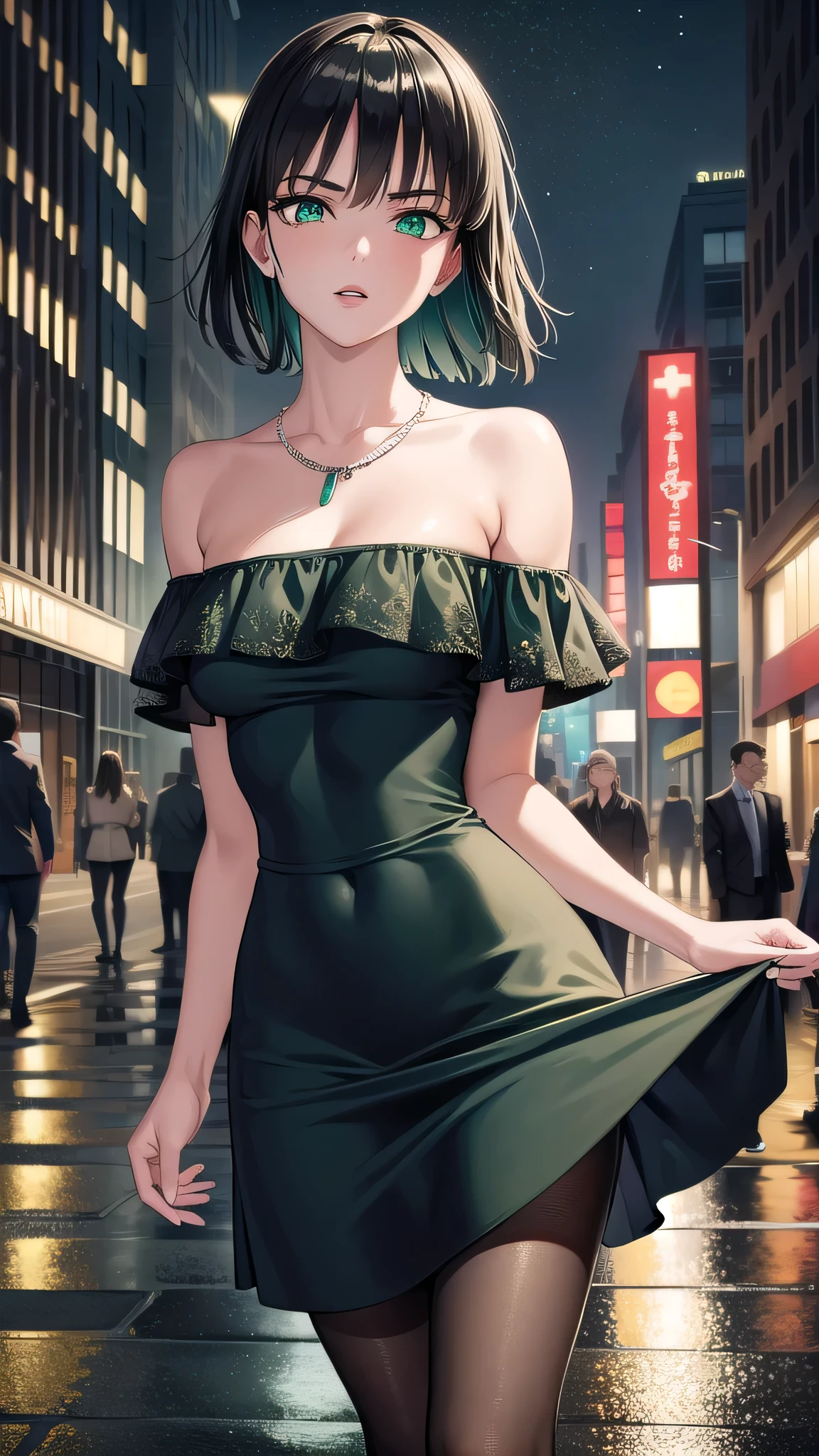 BREAK (masterpiece:1.2), best quality, high resolution, unity 8k wallpaper, (illustration:0.8), (beautiful detailed eyes:1.6), extremely detailed face, perfect lighting, extremely detailed CG, (perfect hands, perfect anatomy),city,street,wet road,reflections, buildings,night,fubuki, black hair, (green eyes:1.5), short hair,black dress, dress, fur coat, high collar, jewelry, necklace, off shoulder, taut clothes, taut dress, pantyhose,