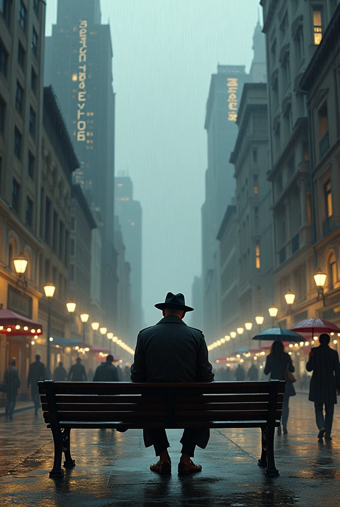 A man sit alone in a beautiful city under tha rain