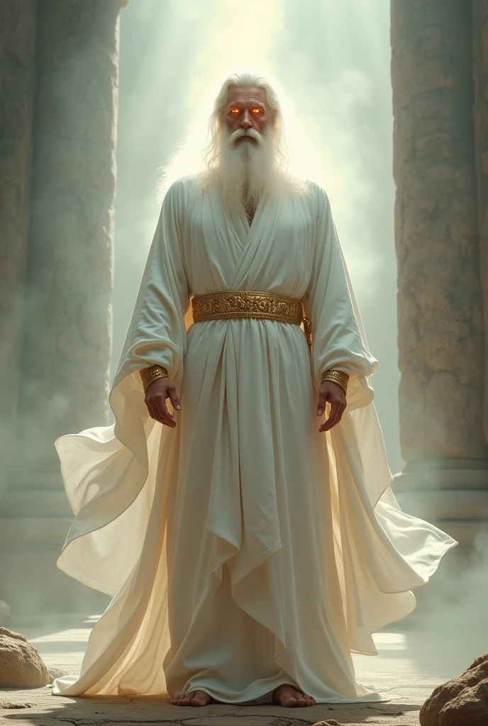 A man dressed in white clothing reaching down to his feet and with a golden belt around his chest. His hair and head were white and his feet were like burnished bronze and his eyes were like torches.