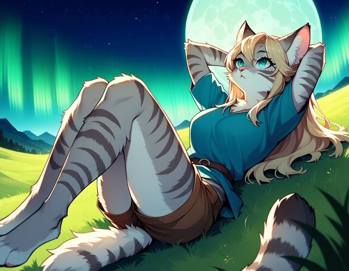 score_9,score_8_up,score_7_up, score_6_up, score_5_up, source_anime, kemono style, Kat, female Anthro furry feline, silver fur, grey stripes on body, blue eyes, long blonde hair, pink nose, :3, she is wearing blue tunic, brown short shorts, barefoot, lying on her back, legs crossed, at a small campsite, hands behind head, lying on luscious green grass, on a grassy hill, scenery shot, far away shot, beautiful starry night sky, aurora borealis, full moon, looking up at the sky, content expression 