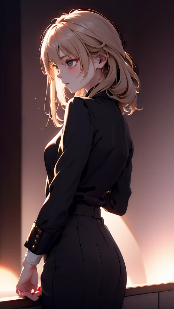 1 Girl, medium light gold hair, light white eyes, wearing Black Suit 4D , night club TOWN 18+, high res, ultrasharp, 8K, masterpiece, looking from behind
