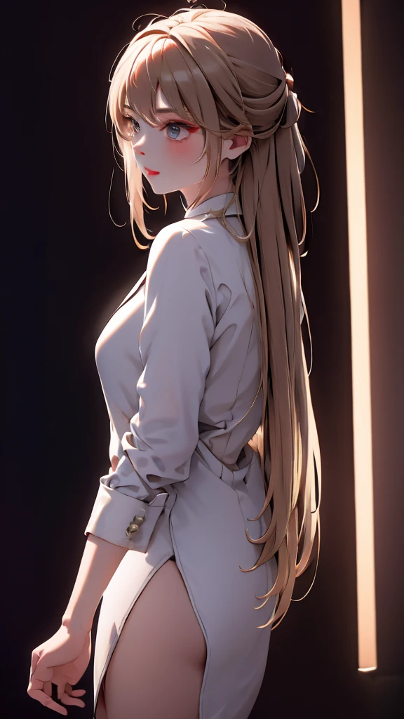 1 Girl, medium light gold hair, light white eyes, wearing Black Suit 4D , night club TOWN 18+, high res, ultrasharp, 8K, masterpiece, looking from behind