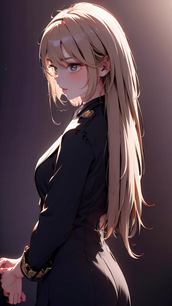 1 Girl, medium light gold hair, light white eyes, wearing Black Suit 4D , night club TOWN 18+, high res, ultrasharp, 8K, masterpiece, looking from behind