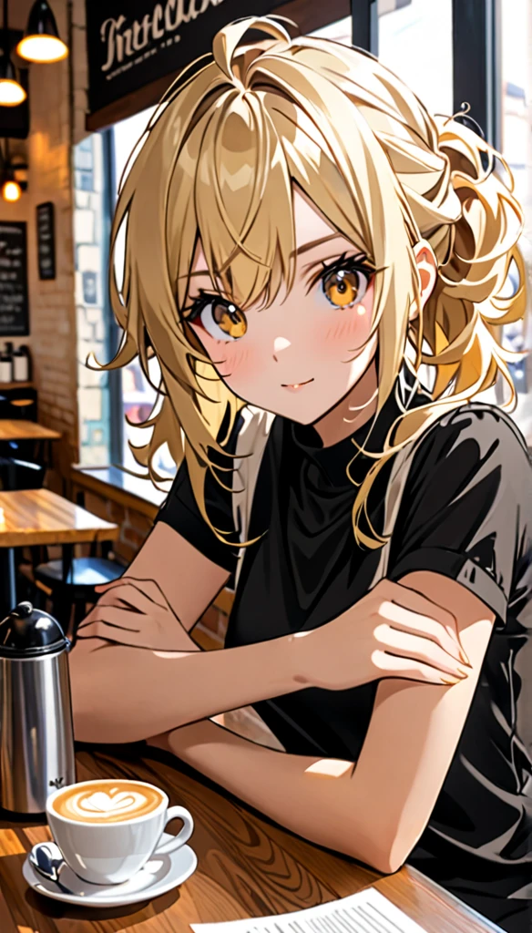 Beautiful and blond, messily styled hair, cafe, wearing black, free arms, looking sitting across the viewer , intrested 