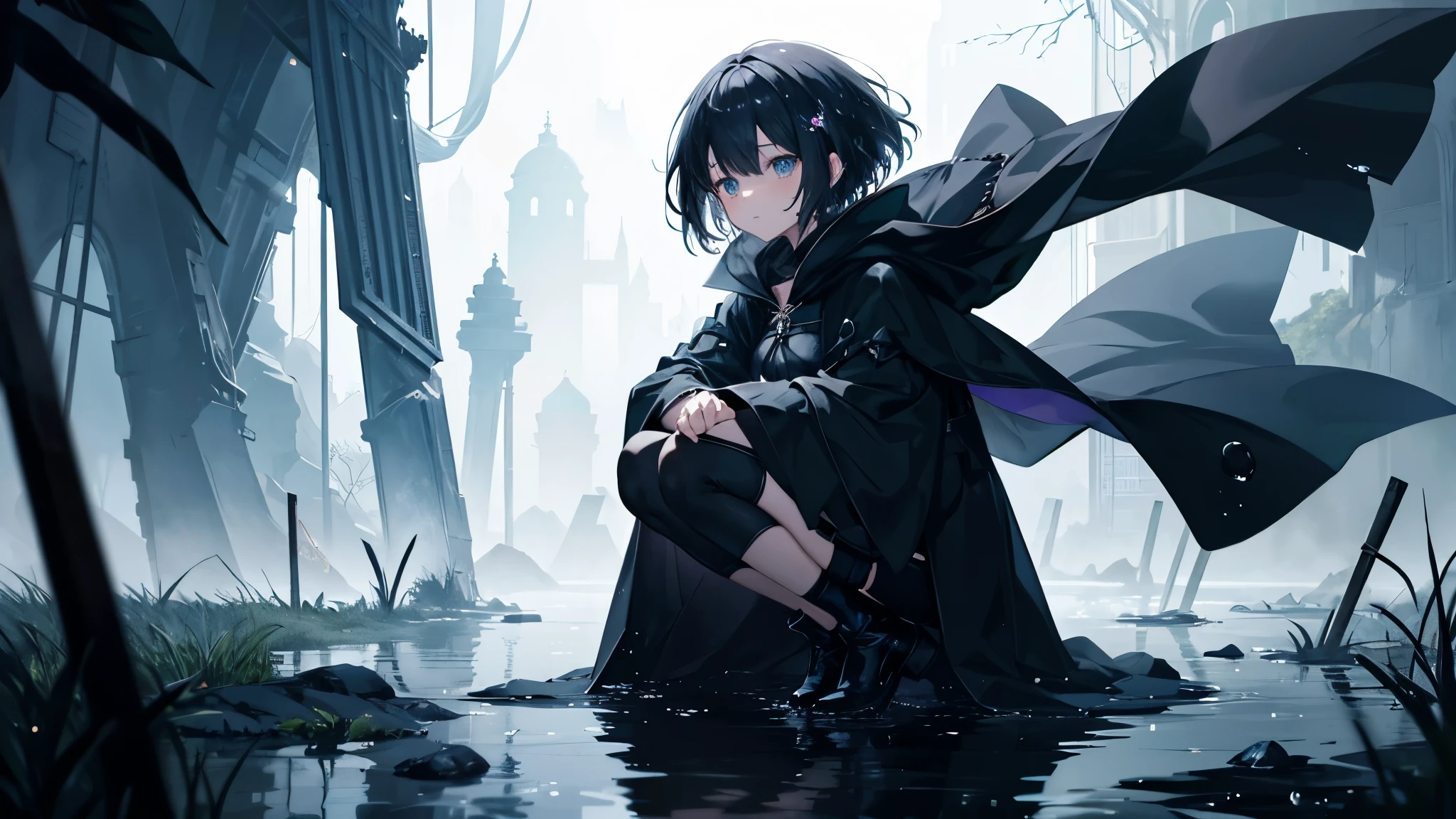 anime girl with black short hair, black cloak, apocaliptic, floating drops of water, ethereal, dramatic lighting, standing on her knees at water floor, fantasy, grass