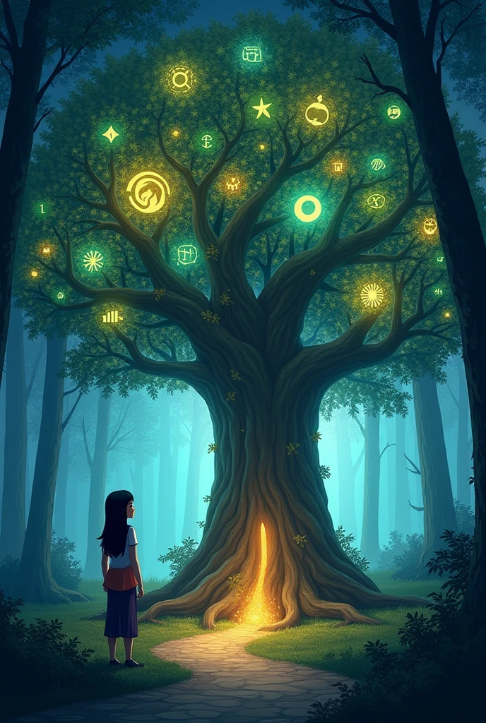 Step 2: The Magical Learning TreeImage Prompt: "Luna encounters a giant, magical tree in the heart of the forest. The tree is ancient with wide branches covered in sparkling leaves. Each leaf has a symbol of a different subject, like math, science, and art. The tree glows softly, and Luna looks up at it in awe. The tree’s roots form a path leading Luna deeper into the forest."