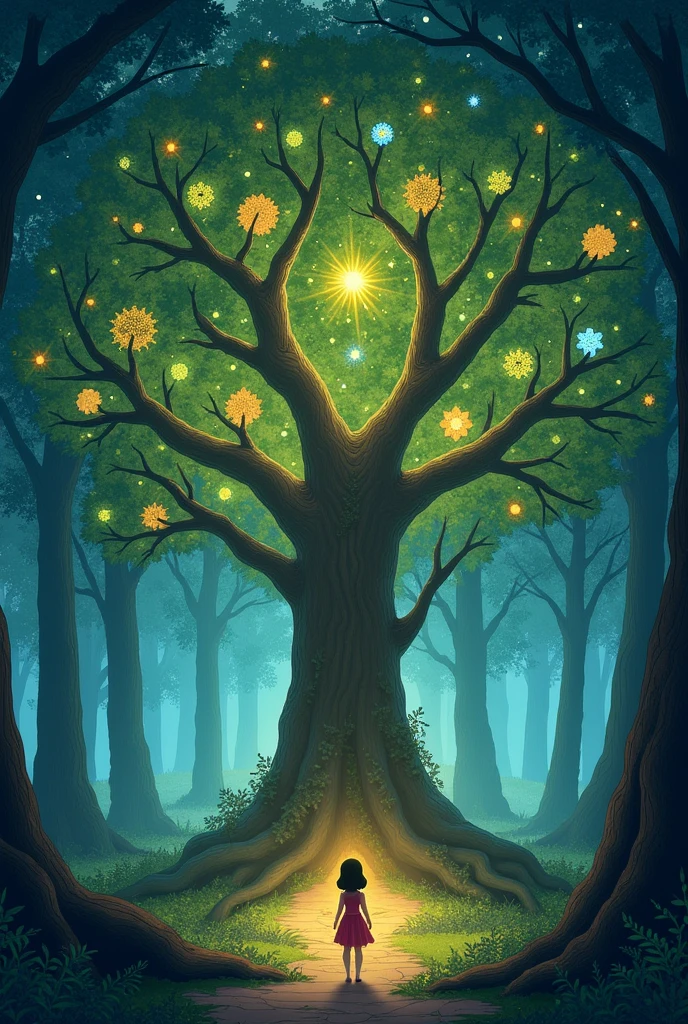 Step 2: The Magical Learning TreeImage Prompt: "Luna encounters a giant, magical tree in the heart of the forest. The tree is ancient with wide branches covered in sparkling leaves. Each leaf has a symbol of a different subject, like math, science, and art. The tree glows softly, and Luna looks up at it in awe. The tree’s roots form a path leading Luna deeper into the forest."