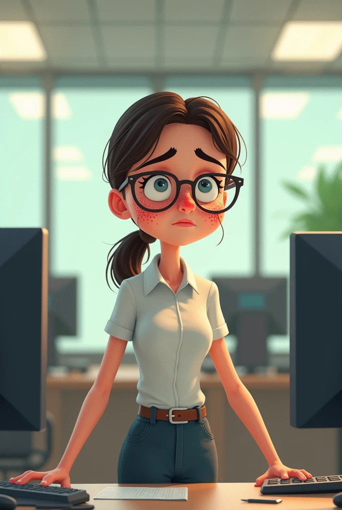 Unhappy lady corporate office worker. Include the following features... Distinct freckles, ponytail ( hairstyle), wears glasses, dorky kinda awkward demeanor. Use simple 2D animation style.
