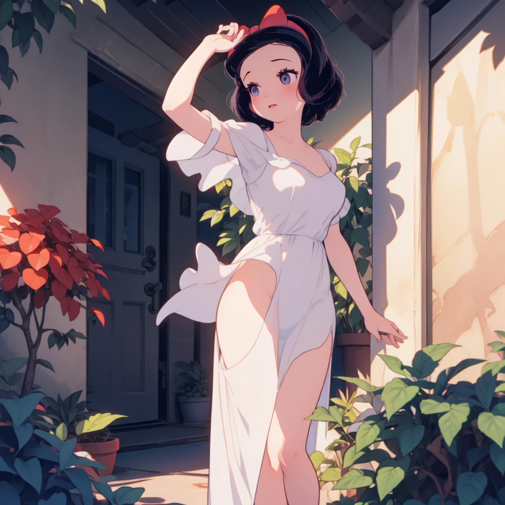 (risógrafo) (master part, best quality) ( 1girl, standing alone ) (fully body) snow white, (cleaveage) (White-panties) modern disney style, style of cartoon, red bow, blue colored eyes, short black hair, big breast beauty、Blue String Bikini、Tits Out、Cheeks red、legs M pose、barechested, In a high quality work using a risograph, apresenta-se uma expressiva snow white no estilo moderno da Disney. The young girl is alone, fully body, with a dress adorned with a red bow. Seus blue colored eyes contrastam com o short black hair. The piece highlights the natural beauty, No explicit details. The pose is graceful, com destaque para a cleaveage e as bochechas coradas, conveying the charming essence of the character.