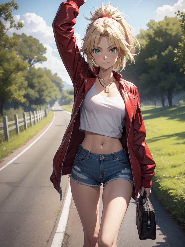 (​masterpiece、top-quality、hight resolution、Unity 8k、extremely details CG:1,Best Picture), A girl is hitchhiking along an unpopular country road. She is standing by the roadside with her bag and luggage. The background is a desolate rural landscape, with long stretches of road, few trees and no houses in sight. She raises her arms high and smiles, signalling the car to stop with a confident thumbs-up gesture. modred, (green eyes:1.5), blonde hair, ponytail, short hair, scrunchie, red scrunchie, hair scrunchie, denim, denim shorts, jacket, jewelry, midriff, navel, necklace, red jacket, short shorts, shorts, tube top, white top,