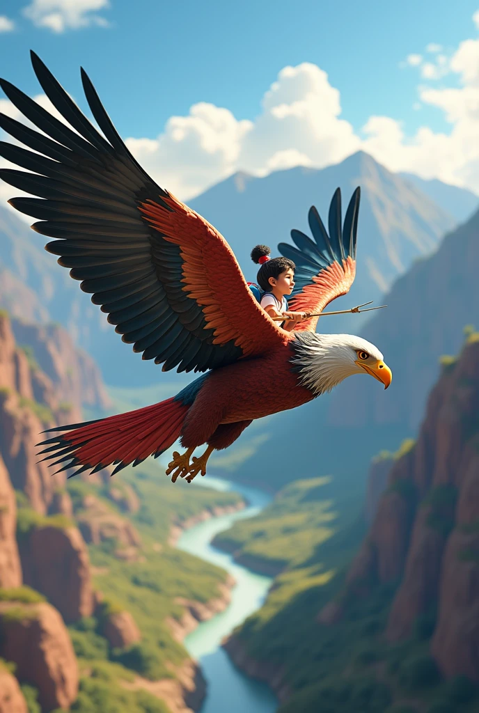 A small 8-year-old girl flies on the back of a giant multi-colored feathered Condor, The girl is his guide and tells him where to fly over the Colca Valley in Peru