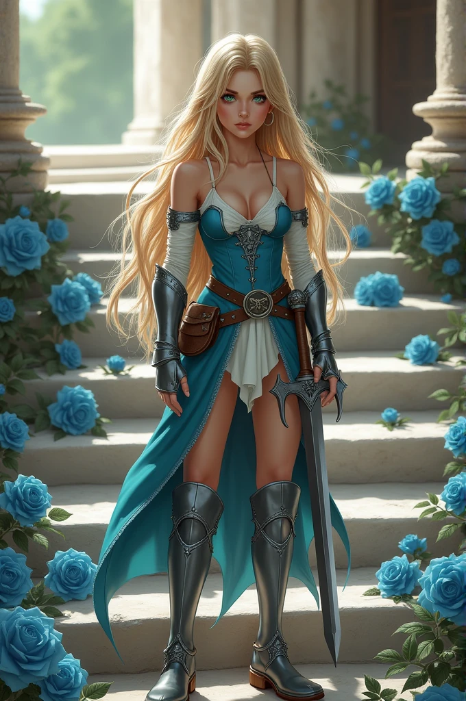 Young girl, , long blonde hair up to the waist, emerald green eyes, light skin, wears a blue and white dress shirt with high knee socks, shoulders are revealed, steel greaves shoes, and forearm armor with white gloves, sword on hip, holding medieval battle axe, zoom in, emphasis on cleavage and shoulders, white and brown stairway background, blue roses on floor,