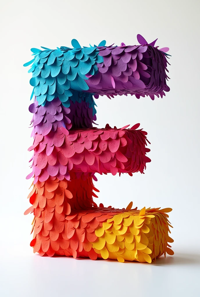 Create a 3D piñata letter E out of textured colored paper with no background facing forward