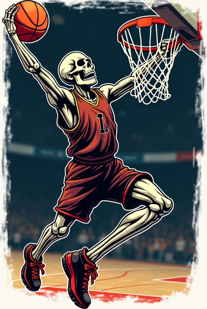 Logo for a basketball team where a skull plays basketball, He is on his part making a mate, throwing the balloon into the hoop
