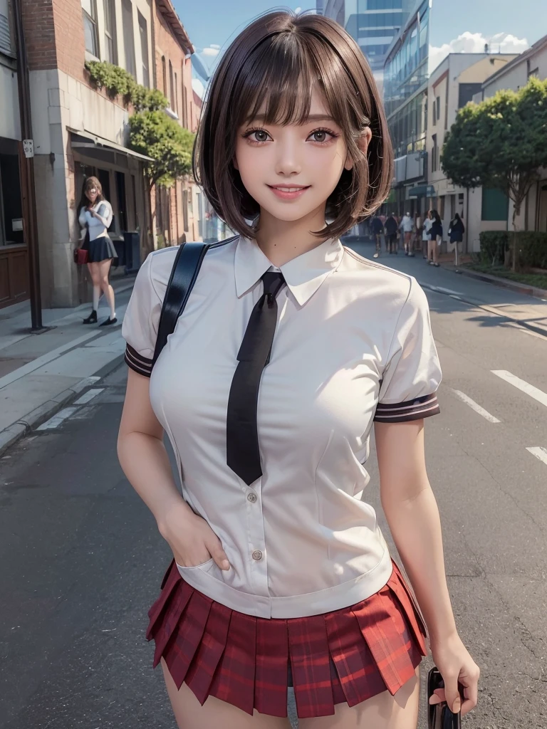 (8k, RAW Photos, Highest quality, masterpiece:1.2), (Realistic, photo-Realistic:1.4), (extremely detailed 8k wallpaper), ((Full Body Shot)), (((1 girl))), Sharp focus, Cinema Lighting, Soft Light, (緻密な美しさのeye, eye_Chan, Very beautiful 17 year old girl, innocent big eyes, Realistic, photo Realistic, Highly detailed cute girl, (Thin thighs), (Model body type), Slightly larger breasts、The top button of the blouse is unbuttoned、A little bit of her black lace bra is visible.、(Brown Hair), (Short Bob Hair), (Asymmetrical bangs), ((Happy smile)), Glowing Skin, ultra high density skin ,Detailed hairstyle, Facial beauty with attention to detail, Perfect female body, (school uniform:1.3),(Mini Skirt Red Check Micro Mini Skirt), The audience is watching, (Crowded street:1.3)、Side Shot、Buckshot、Panty shot