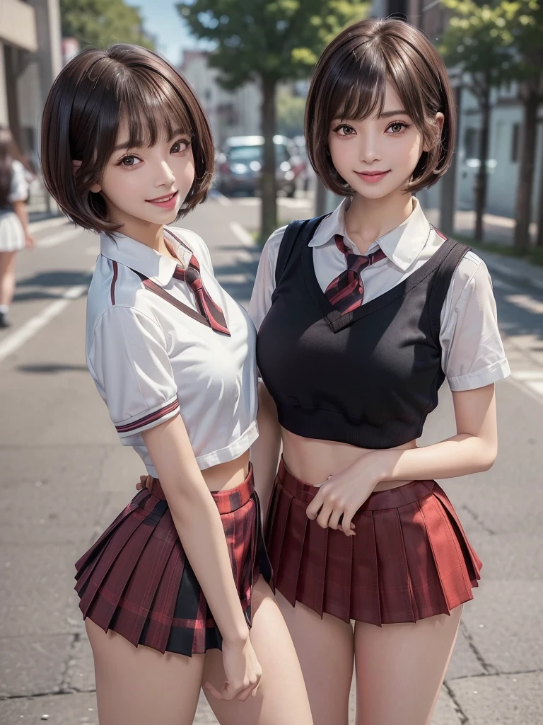 (8k, RAW Photos, Highest quality, masterpiece:1.2), (Realistic, photo-Realistic:1.4), (extremely detailed 8k wallpaper), ((Full Body Shot)), (((1 girl))), Sharp focus, Cinema Lighting, Soft Light, (緻密な美しさのeye, eye_Chan, Very beautiful 17 year old girl, innocent big eyes, Realistic, photo Realistic, Highly detailed cute girl, (Thin thighs), (Model body type), Slightly larger breasts、The top button of the blouse is unbuttoned、A little bit of her black lace bra is visible.、(Brown Hair), (Short Bob Hair), (Asymmetrical bangs), ((Happy smile)), Glowing Skin, ultra high density skin ,Detailed hairstyle, Facial beauty with attention to detail, Perfect female body, (school uniform:1.3),(Mini Skirt Red Check Micro Mini Skirt), The audience is watching, (Crowded street:1.3)、Side Shot、Buckshot、Panty shot