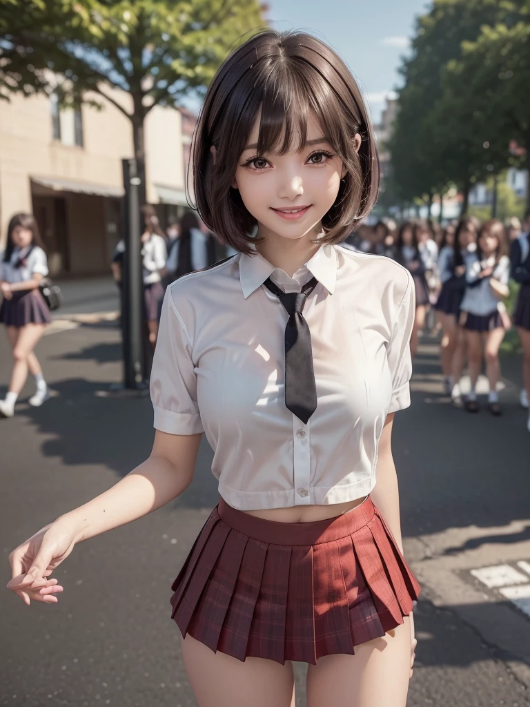 (8k, RAW Photos, Highest quality, masterpiece:1.2), (Realistic, photo-Realistic:1.4), (extremely detailed 8k wallpaper), ((Full Body Shot)), (((1 girl))), Sharp focus, Cinema Lighting, Soft Light, (緻密な美しさのeye, eye_Chan, Very beautiful 17 year old girl, innocent big eyes, Realistic, photo Realistic, Highly detailed cute girl, (Thin thighs), (Model body type), Slightly larger breasts、The top button of the blouse is unbuttoned、A little bit of her black lace bra is visible.、(Brown Hair), (Short Bob Hair), (Asymmetrical bangs), ((Happy smile)), Glowing Skin, ultra high density skin ,Detailed hairstyle, Facial beauty with attention to detail, Perfect female body, (school uniform:1.3),(Mini Skirt Red Check Micro Mini Skirt), The audience is watching, (Crowded street:1.3)、Side Shot、Buckshot、Panty shot
