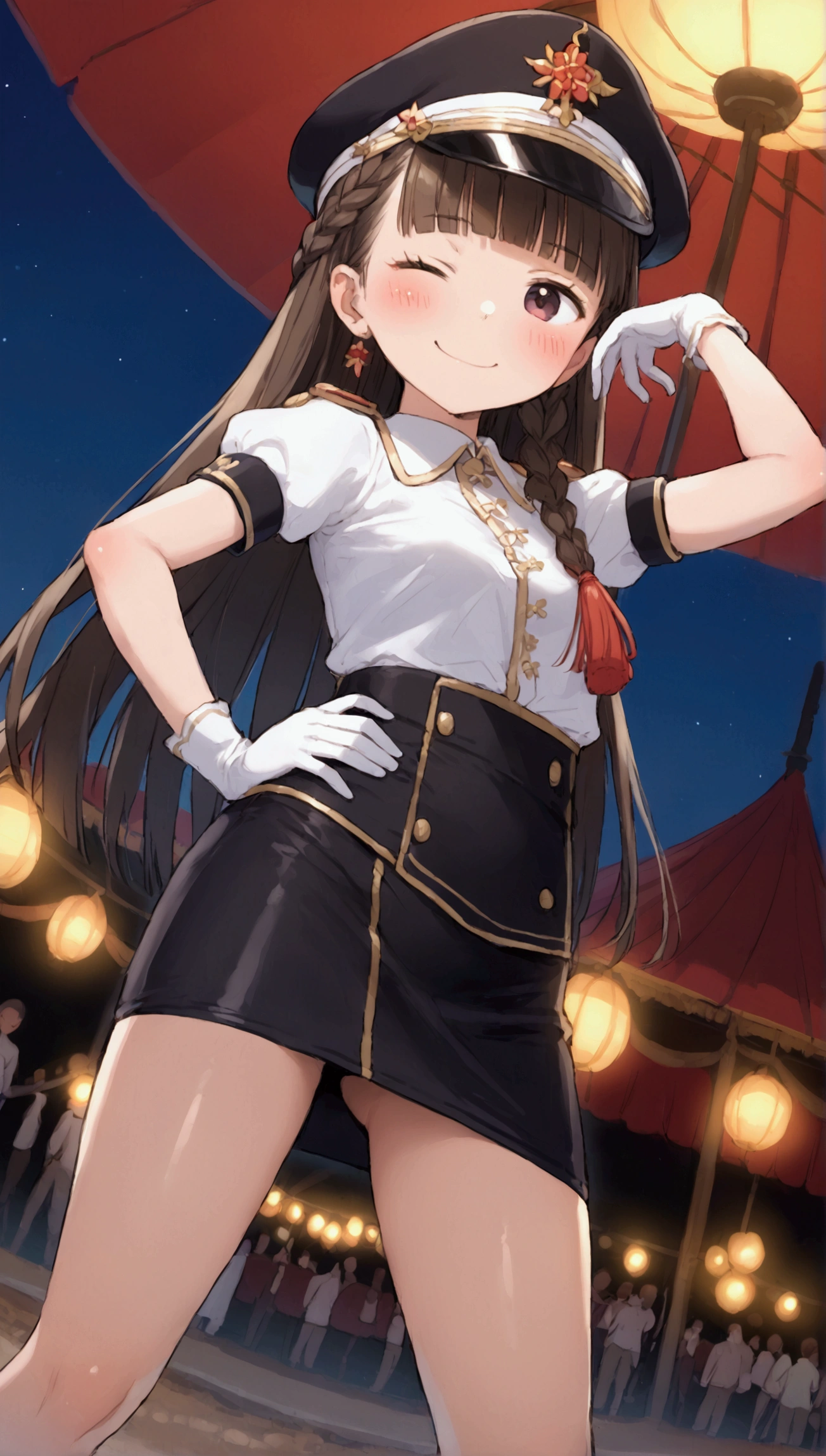 {Highest quality}, {Super beautiful},{Ultra fine},{Best illustration},Brown Hair,Hime cut,long hair,Braid,One woman,Standing Woman,Strike a pose,smile,smug face,Wink,Uniform cap,White Shirt,Short sleeve,long black skirt,White gloves,Night Festival,Blushing,Slender,Black stiletto heels,barefoot,From an angle,From below,Put one hand on your hip,Spread your legs
