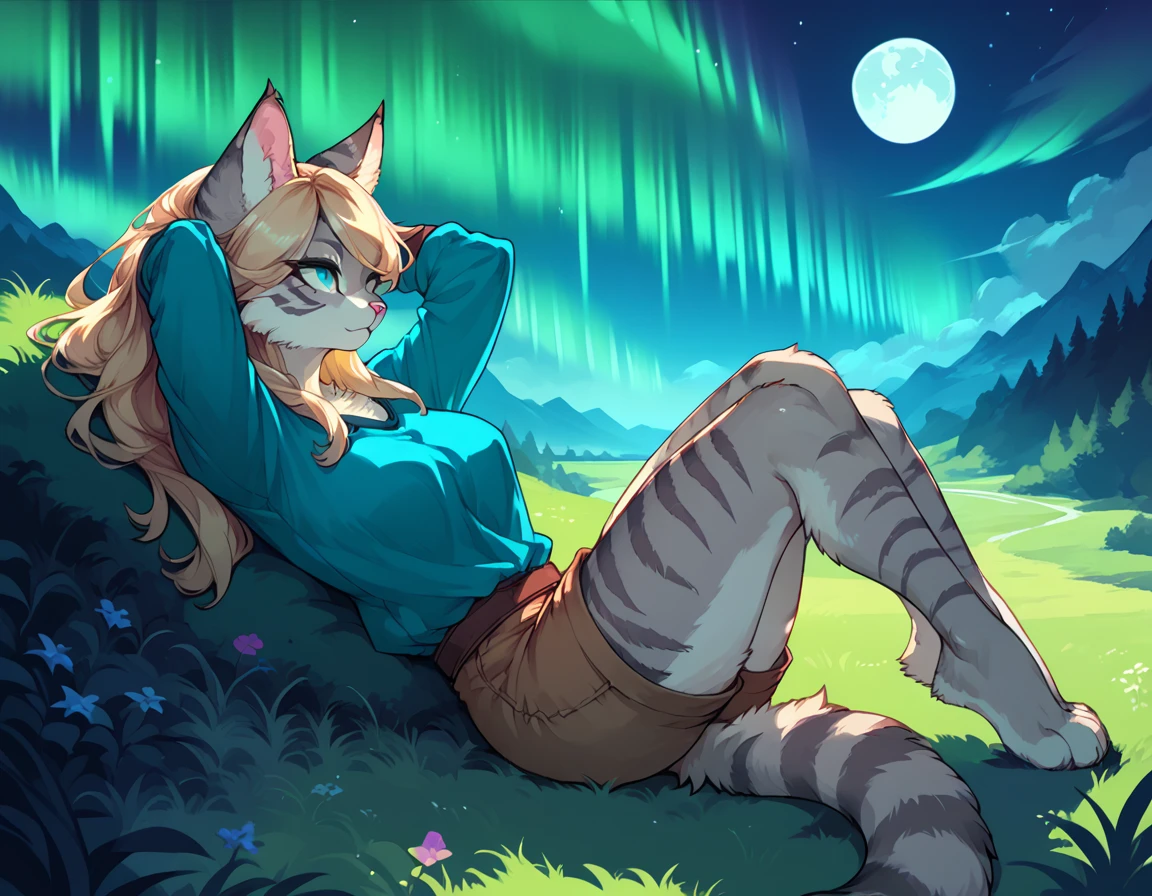 score_9,score_8_up,score_7_up, score_6_up, score_5_up, source_anime, kemono style, Kat, female Anthro furry feline, silver fur, grey stripes on body, blue eyes, long blonde hair, pink nose, :3, she is wearing blue tunic, brown short shorts, barefoot, plantigrade feet paws, lying on her back, legs crossed, at a small campsite, small campsite nearby, hands behind head, lying on luscious green grass, lounging on a grassy hill, scenery shot, far away shot, beautiful starry night sky, aurora borealis, full moon, looking up at the sky, side view