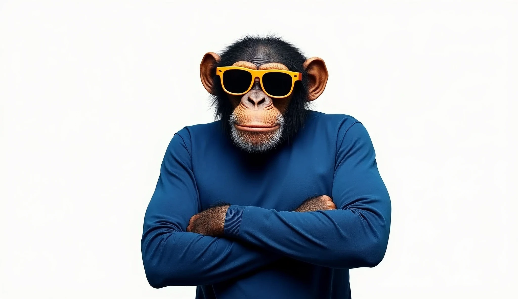 chimp wearing sun glasses and a blue long sleeves shirt, folded arms, white backgroung, half body. very dynamic
