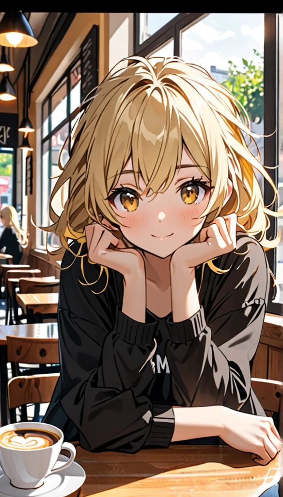 Beautiful and blond, messily styled hair, morning, cafe, wearing black, free arms, looking sitting across the viewer , intrested