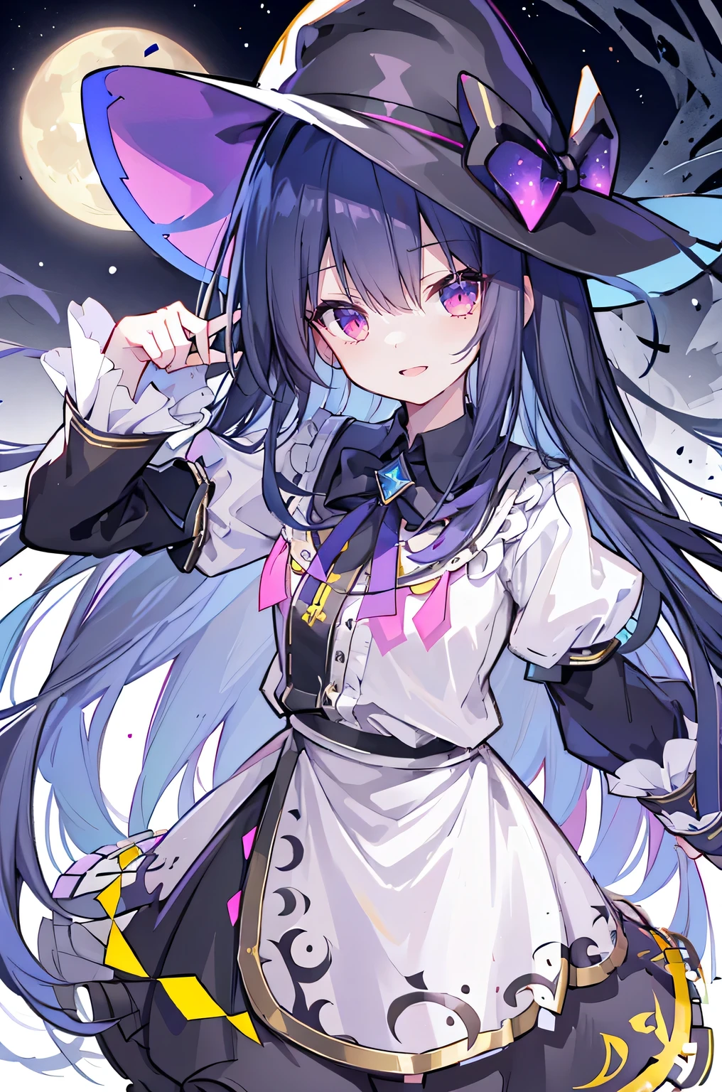 oung Girls,Humanity,A magician always smiles,big witch hat,cute,dark blue long hair,The eyes are dull,The bangs are heavy,Thin eyebrows,fantasy,intake,Double teeth,Star Theme,Constellation pattern,Solid color clothetal decoration,cloak,A bit of a dark atmosphere,A little crazy smile,When the big moon shines outside at night,blood,Hair black star embellishment,Short tie,No nails,High waist skirt,Bell sleeves,Long-sleeved shirt,Black tie,low risk,gentlemen。Mist、Yellow and white effect，Shocking pink as an accent color