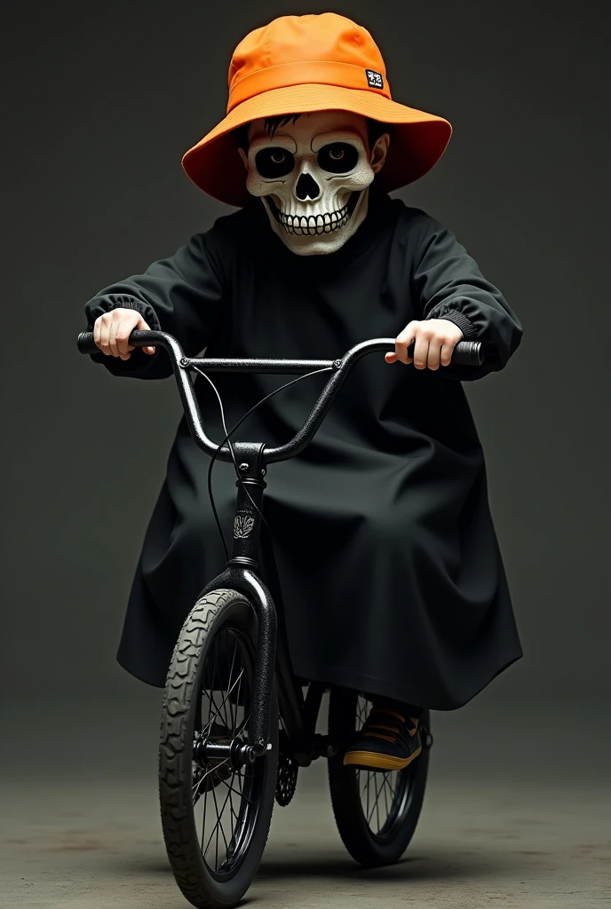 boy with orange hat, black dress, on a black bmx, with a skull mask