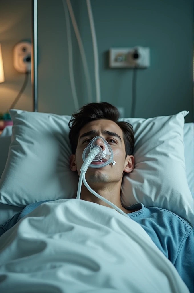 20 year old boy in hospital bed with oxygen mask