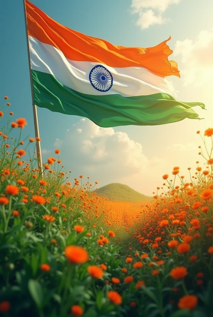 Imagine the Indian tricolor unfurling in a vibrant 3D landscape, where each stripe symbolizes unity, peace, and courage. As the saffron, white, and green waves flow through a dynamic space, they weave together stories of sacrifice, resilience, and triumph. Visualize the Ashoka Chakra spinning at the heart, radiating justice and progress. Let's step into this immersive celebration of freedom, where every hue and every fold of the flag comes to life, reminding us of our past struggles and our future aspirations. Happy Independence Day, India!"