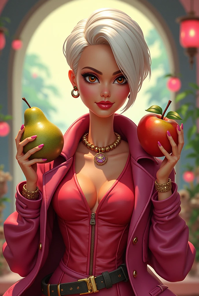 Barbie style cartoon, SEX,intimidating look brown eyes short white hair with an apple and a pear