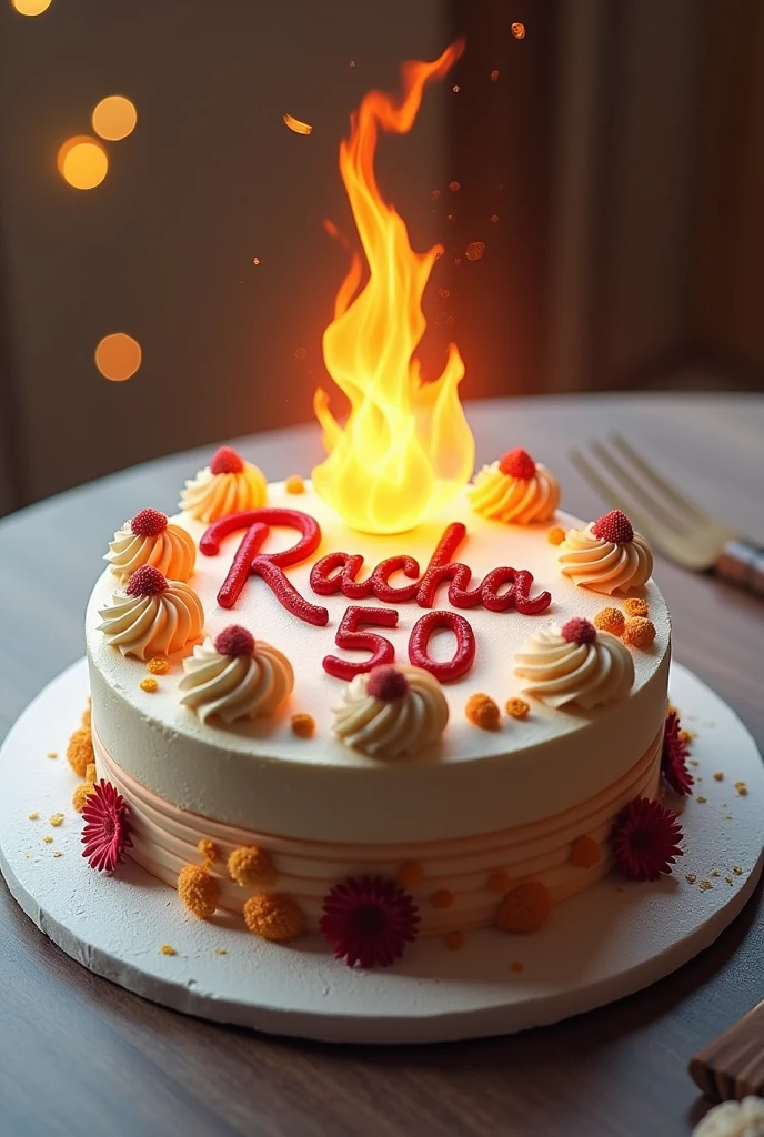 cake with the word racha and 50 and a flame in the center