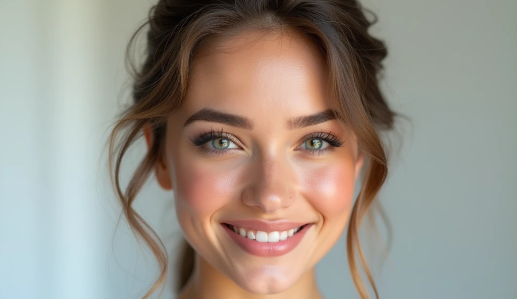 A professional retouched ID photo of a 20-year-old young lady with big bright eyes, fair skin, high-end makeup, glossy lips, curled eyelashes, vibrant eye details, glowing skin, wearing luxurious clothing and jewelry, smiling softly with bright eyes, even and bright facial lighting, 8k resolution, emotional lighting, extremely detailed, light-colored background with plenty of white space, full body shot from head to shoulders, no close-up shots, top quality and ultra-high definition