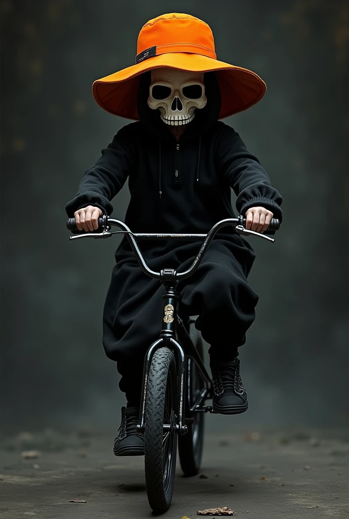 boy with orange hat with white, black dress, on a black bmx, with a skull mask