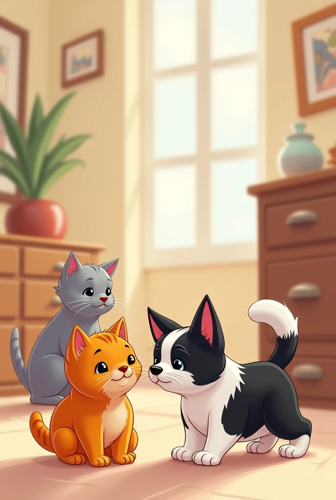 A slightly round orange cat, A gray cat and a black and white border collie dog together with a 2d Disney style animation