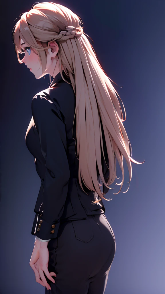 1 Girl, medium light gold hair, light blue eyes, wearing Black Suit 4D , night club TOWN 18+, high res, ultrasharp, 8K, masterpiece, looking from behind