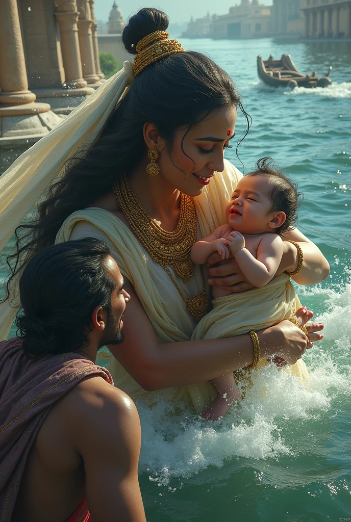 A dramatic image of Ganga, with a determined expression, throwing a baby into the river, while King Shantanu looks on in horror. In dall e-3 style