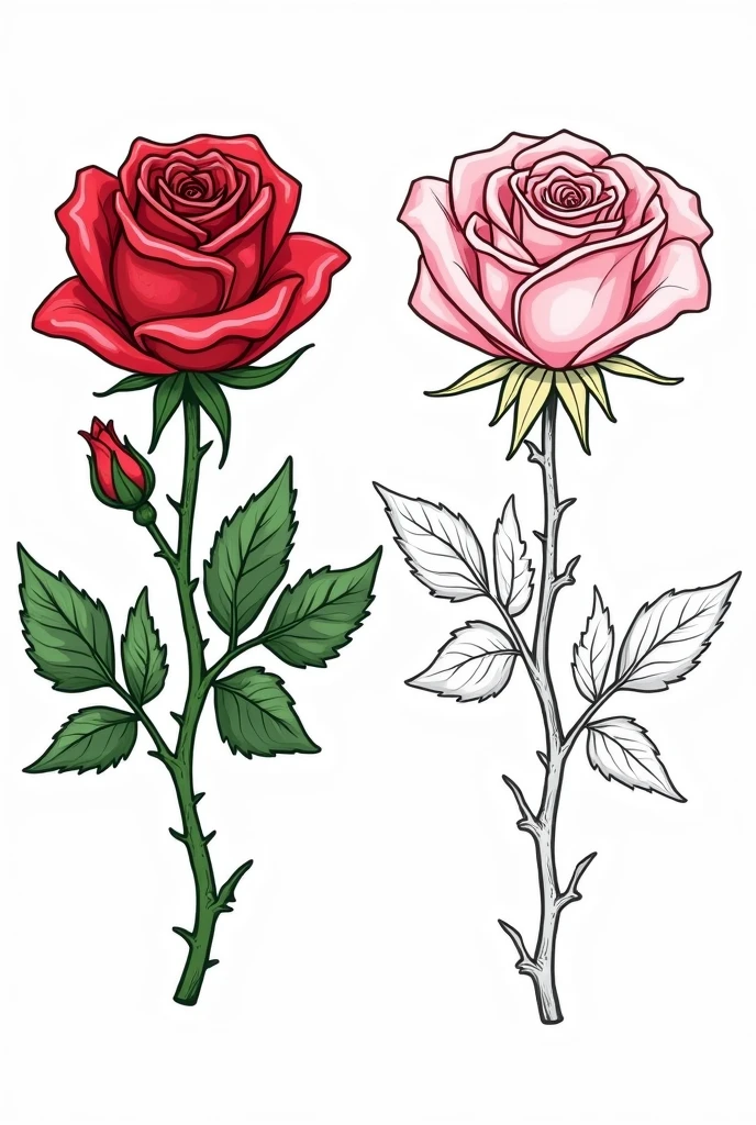 In a coloring book page featuring two identical roses, you could arrange them as follows:
1. **Rose with Color**: Position one rose in full color, showcasing vibrant hues and shading. This serves as a reference for how the rose might look when colored.
2. **Rose Outline**: Place the identical rose next to it, but in outline form only. This allows the user to color it in themselves, using the colored version as a guide.