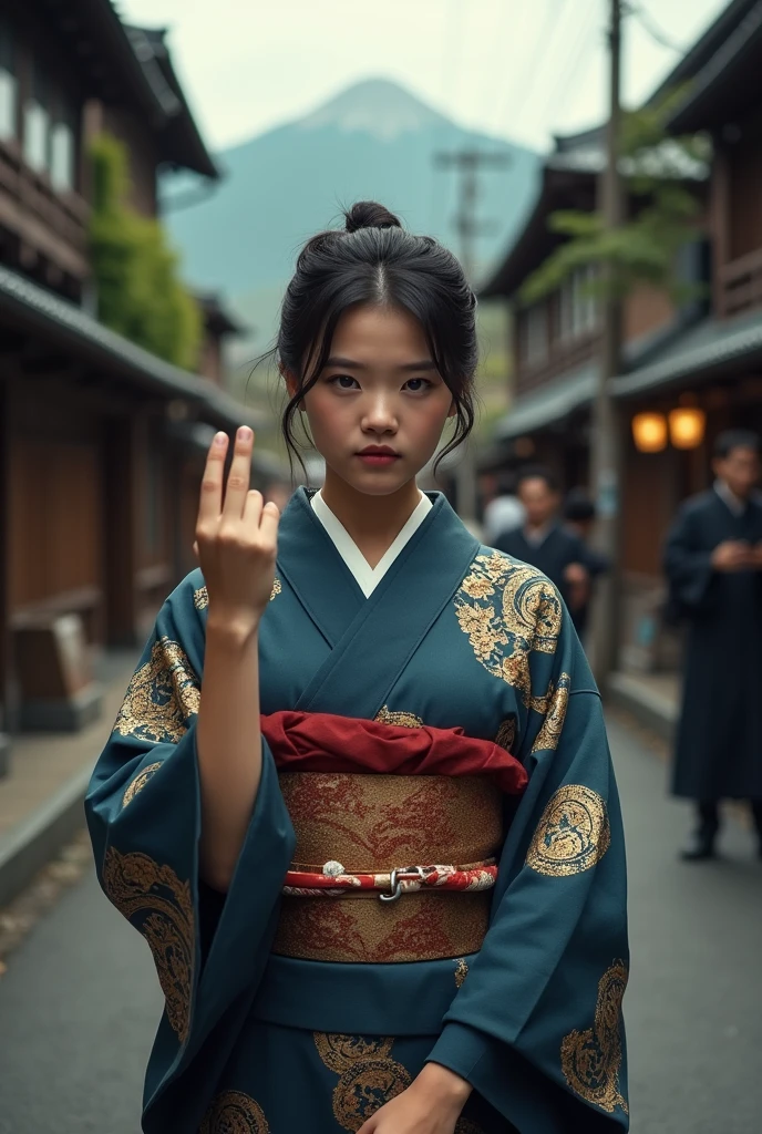 I'm in Kyoto、A woman in a kimono showing her middle finger