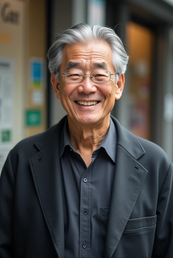 Cool old man、Japanese、front、ID photo style、smile