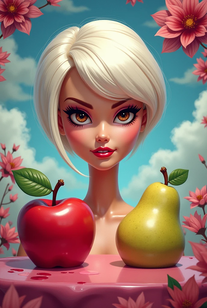 Barbie style cartoon, SEX,intimidating look of brown eyes short white hair with an apple and a pear forbidden fruit