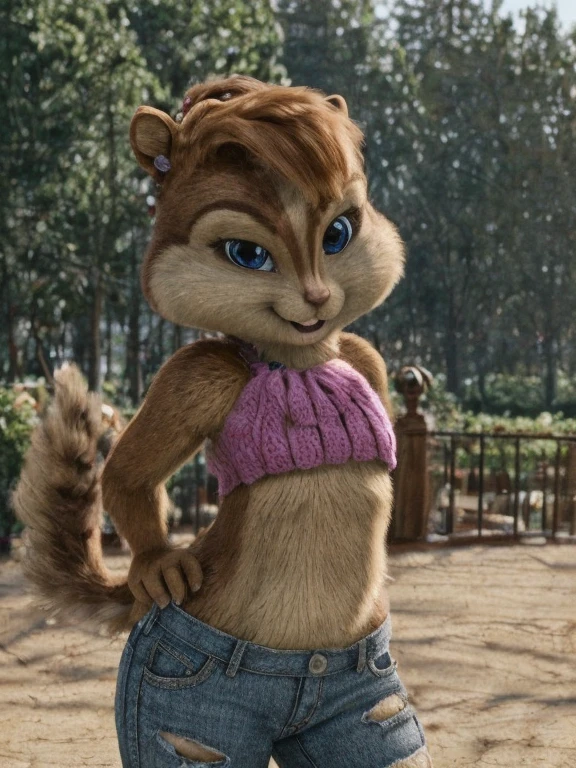 score_9, score_8_up, score_7, score_6, park, brittany miller, chipmunk, furry, short ears, light pink top, black jean shorts, standing, looking at viewer, 6 inches tall