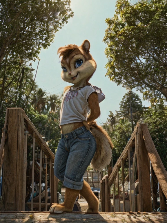 score_9, score_8_up, score_7, score_6, park, brittany miller, chipmunk, furry, short ears, light pink top, black jean shorts, standing, looking at viewer, 6 inches tall
