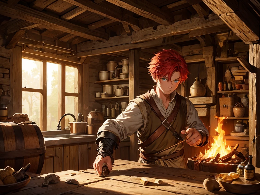 A medieval blacksmith shop with a glowing hearth,
1 boy, A very young boy with red hair drinking whiskey from an oak barrel, There are scars on his face and his green eyes glow., Wear old and torn clothes.
Detailed blacksmith background, Fantasy style, Ultra-high-definition masterpiece, Close up of character, storytelling