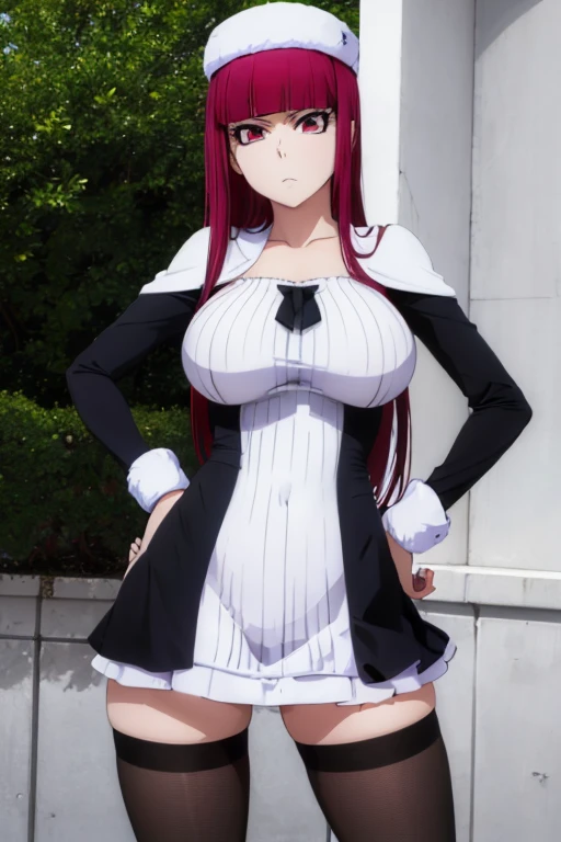 (masterpiece, Detailed Image,detailed picture) Sexy Riruka Dokugamine in her dress and hat, bleach girl, top quality, 16 thousand, ultra-detailed, black stockings, girl stands posing with her hand on her waist, beautiful Riruka Dokugamine, Big breasts, bitch face, attention to the tight stockings